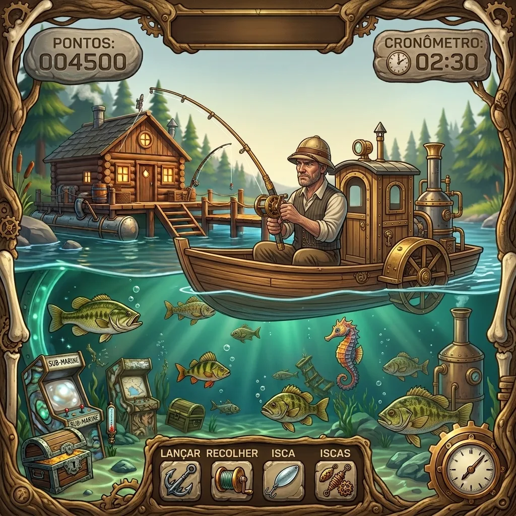 Ilustração de um pescador em um barco a vapor sobre um rio cheio de peixes